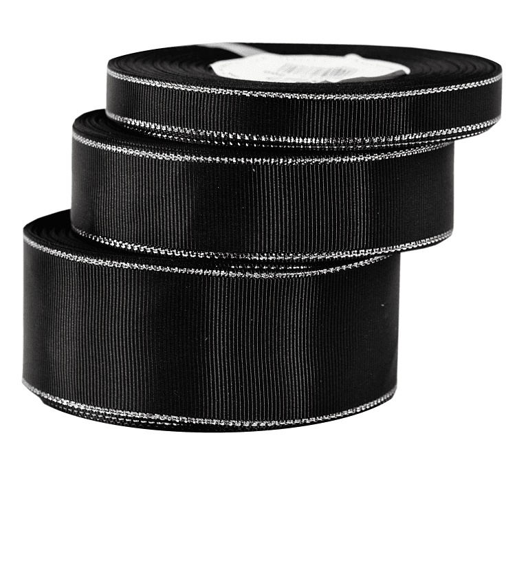 Wstążka rypsowa w srebrna pasy, 38mm/18mb, czarna