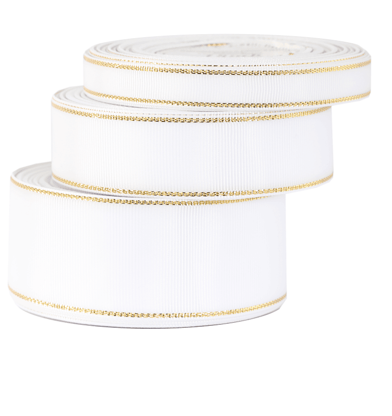 Wstążka rypsowa w złote pasy, 38mm/18mb, biała