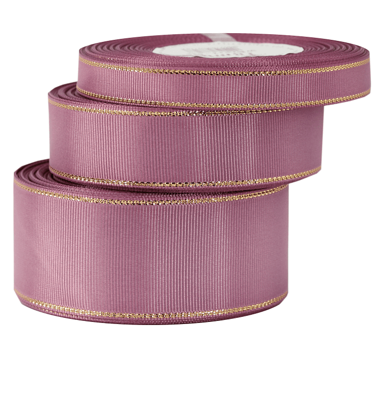 Wstążka rypsowa w złote pasy 38mm/18mb, brudny róż