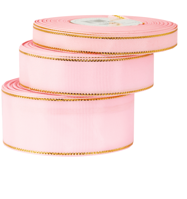 Wstążka rypsowa w złote pasy 38mm/18mb, średni róż