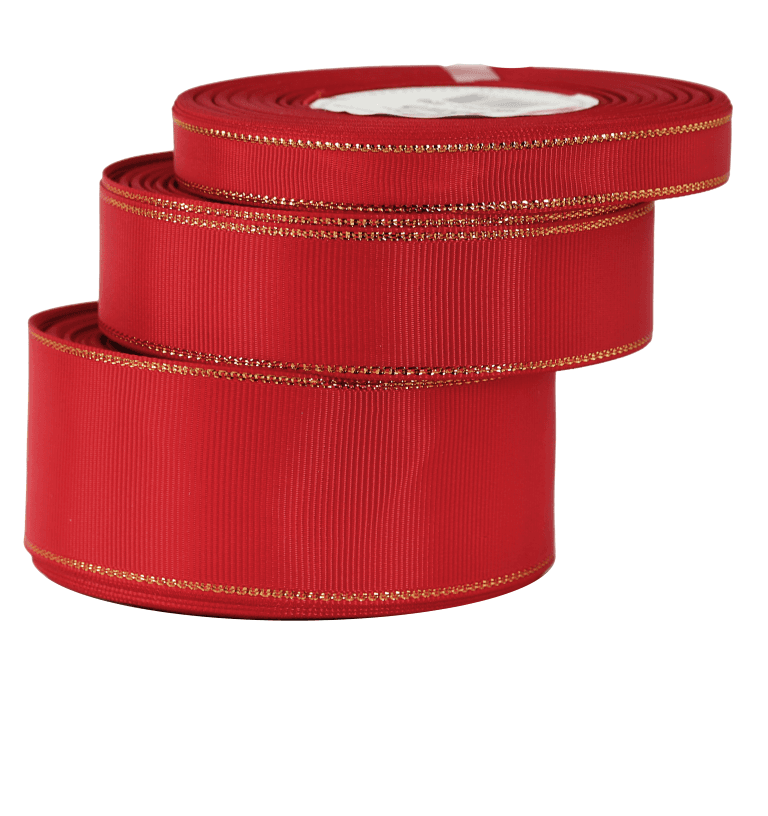 Wstążka rypsowa w złote pasy, 38mm/18mb, czerwona