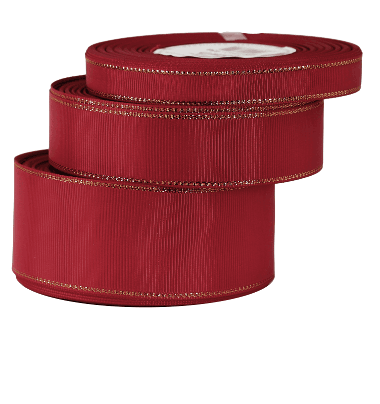 Wstążka rypsowa w złote pasy 38mm/18mb, c.czerwona