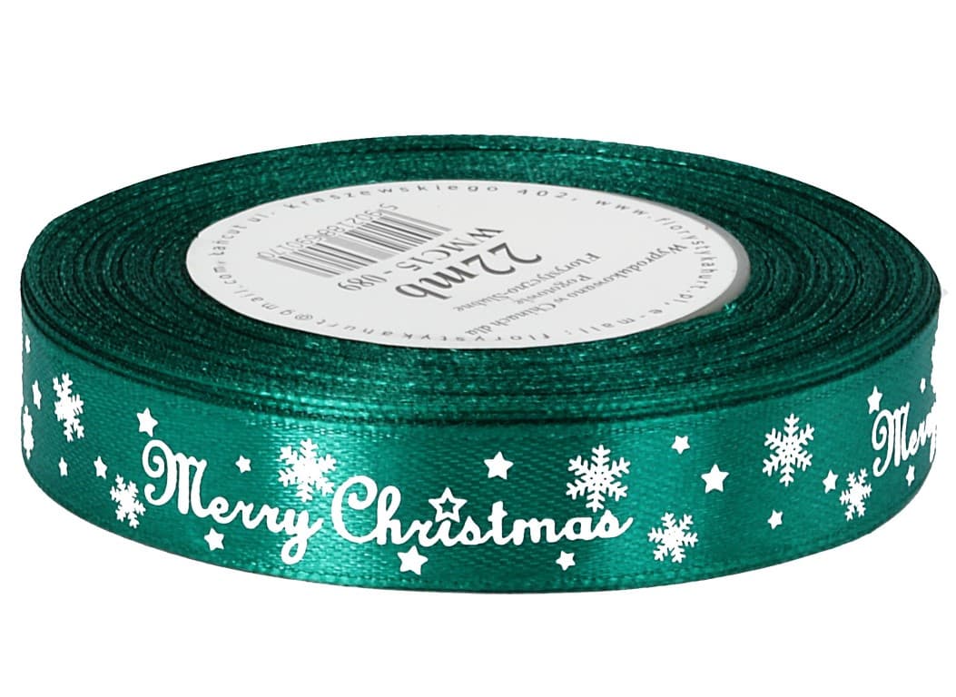 Wstążka satyna Merry Christmas 15mm/22mb, butelka