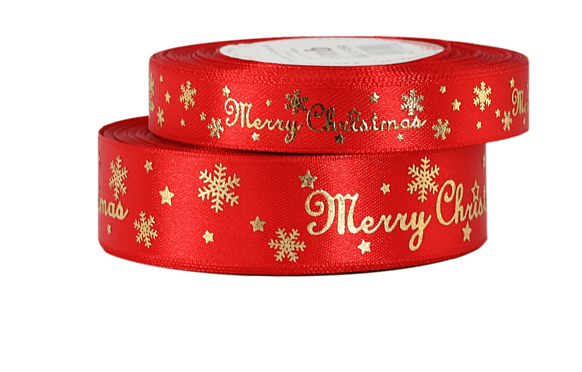 Wstążka metal Merry Christmas 15mm/18m, cz/złoto