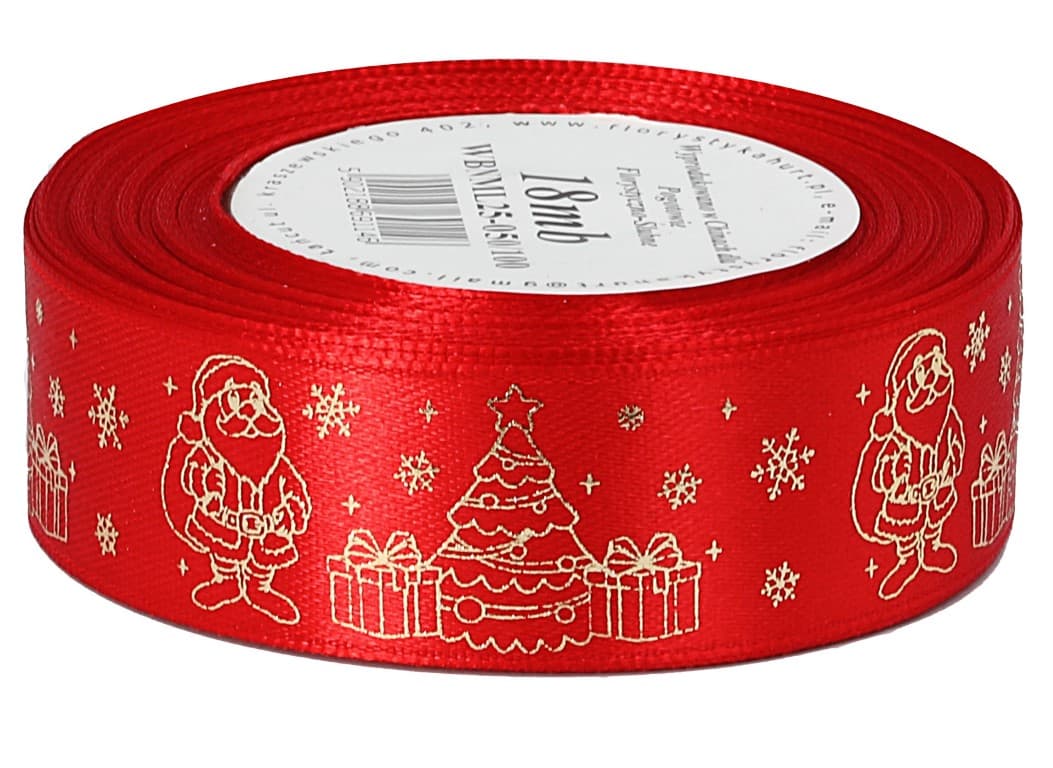 Wstążka metalik MIKOŁAJ 25mm/18mb, czerwona/złoto