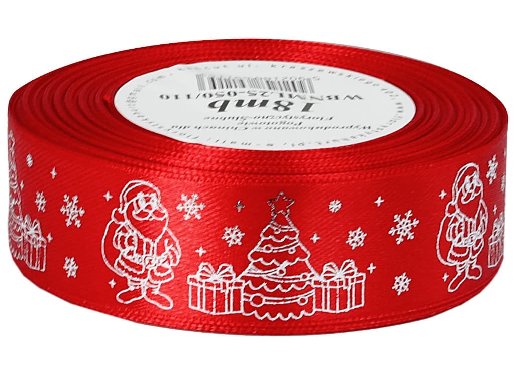 Wstążka metalik MIKOŁAJ 25mm/18mb, czerwona/srebro