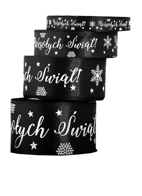 Wstążka satyna Wesołych Świąt 12mm/22mb, czarna