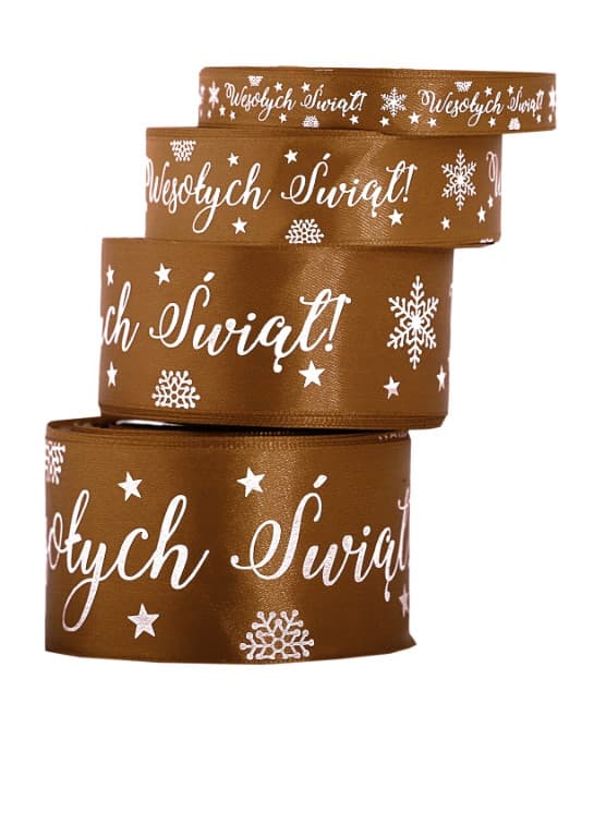 Wstążka satyna Wesołych Świąt 25mm/22mb, brązowa