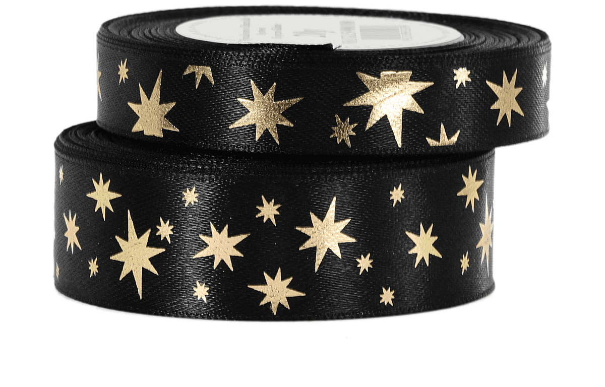 Wstążka gwiazdy metalik, 25mm/18mb, czarna/złoto