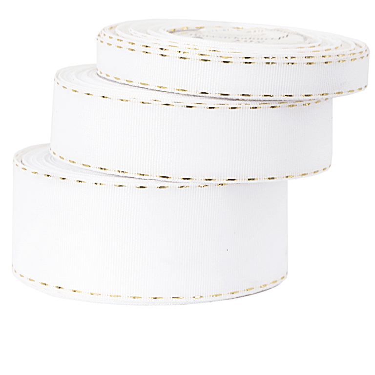 Wstążka rypsowa w złote prążki, 12mm/18mb, biała