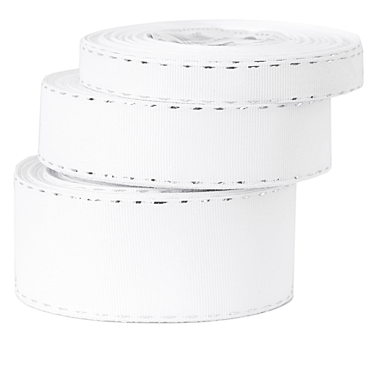 Wstążka rypsowa w srebrne prążki, 12mm/18mb, biała