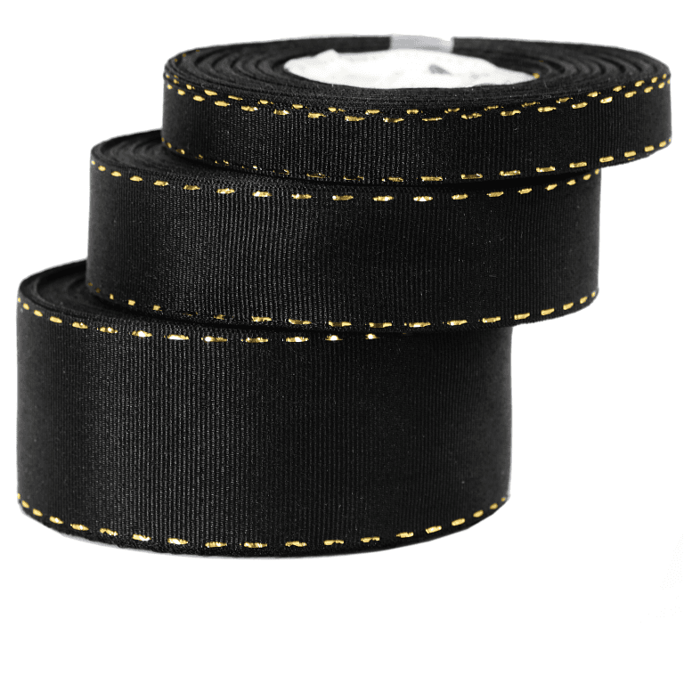 Wstążka rypsowa w złote prążki, 25mm/18mb, czarna