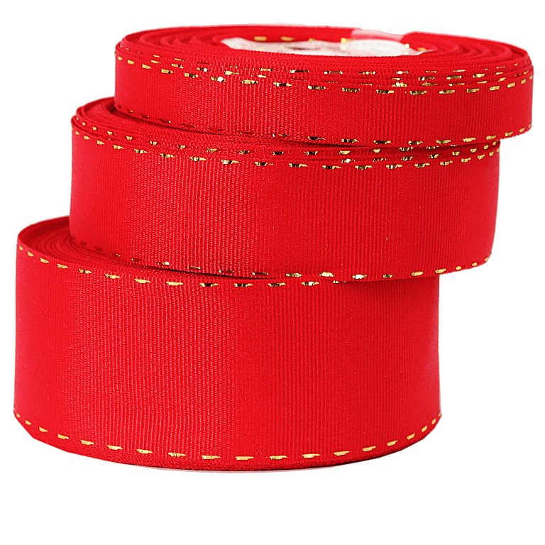 Wstążka rypsowa w złote prążki, 38mm/18mb czerwona