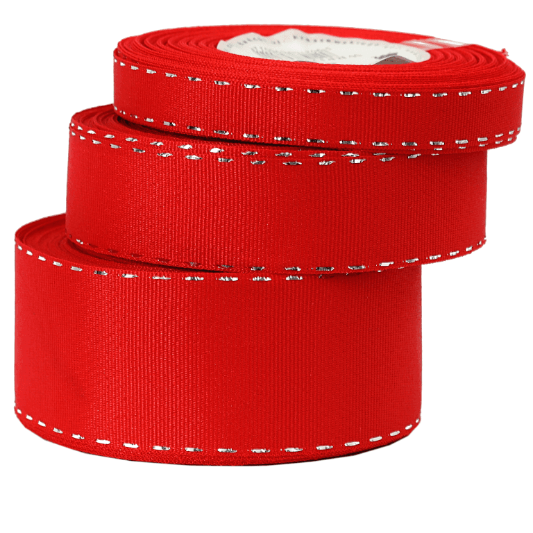 Wstążka rypsowa w srebrne prążki 38mm/18m czerwona