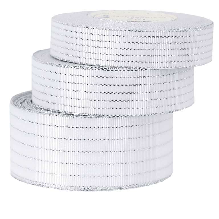 Wstążka rypsowa w srebrne linie, 19mm/18mb, biała