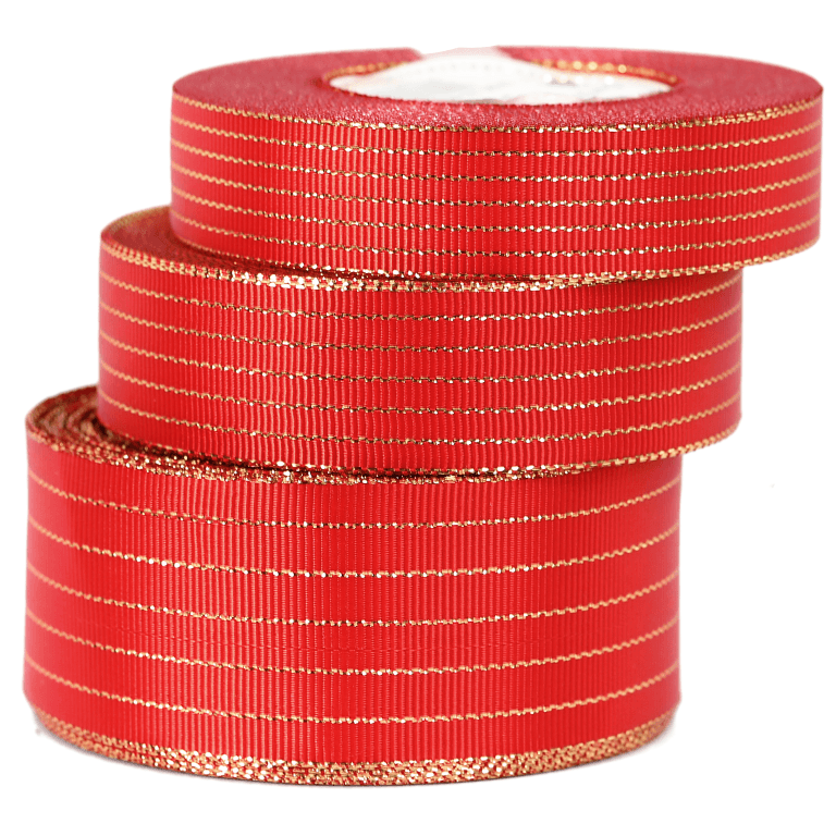 Wstążka rypsowa w złote linie, 19mm/18mb, czerwona