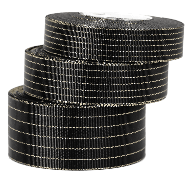 Wstążka rypsowa w złote linie, 19mm/18mb, czarna