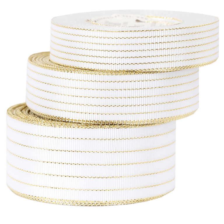 Wstążka rypsowa w złote linie, 25mm/18mb, biała
