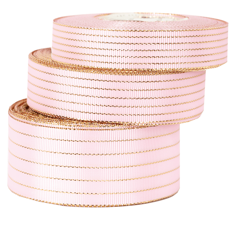 Wstążka rypsowa w złote linie, 38mm/18mb, różowa