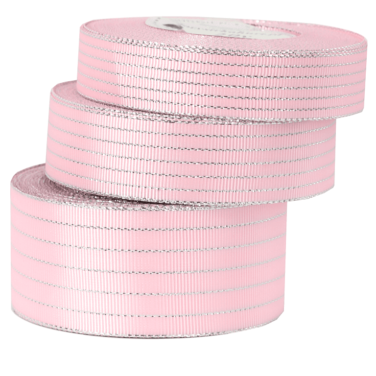 Wstążka rypsowa w srebrne linie, 38mm/18mb, różowa