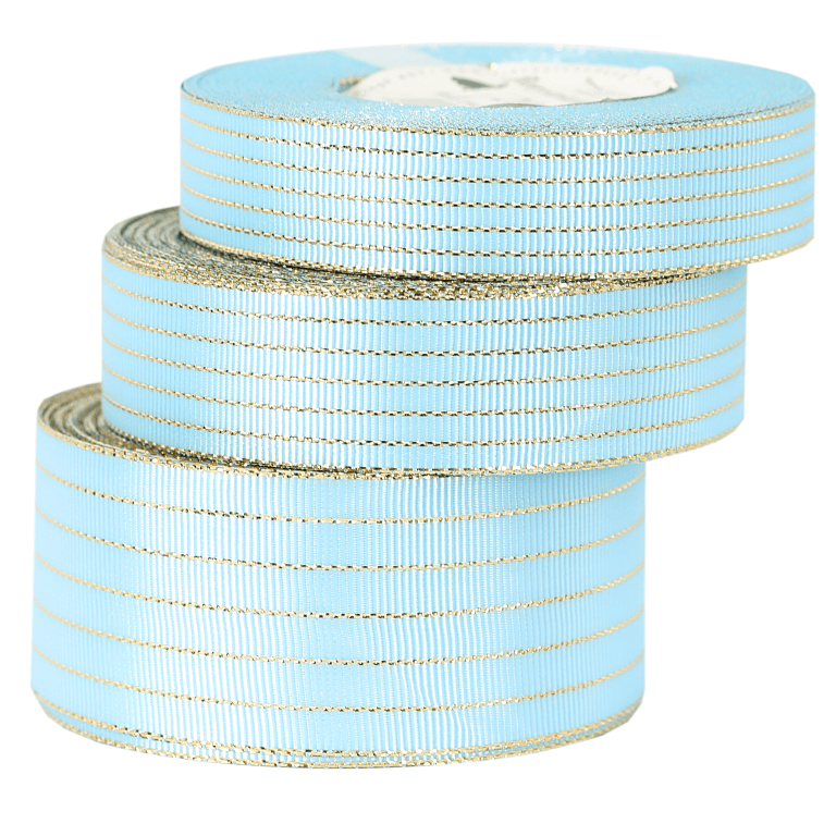 Wstążka rypsowa w złote linie, 38mm/18mb, błękitna