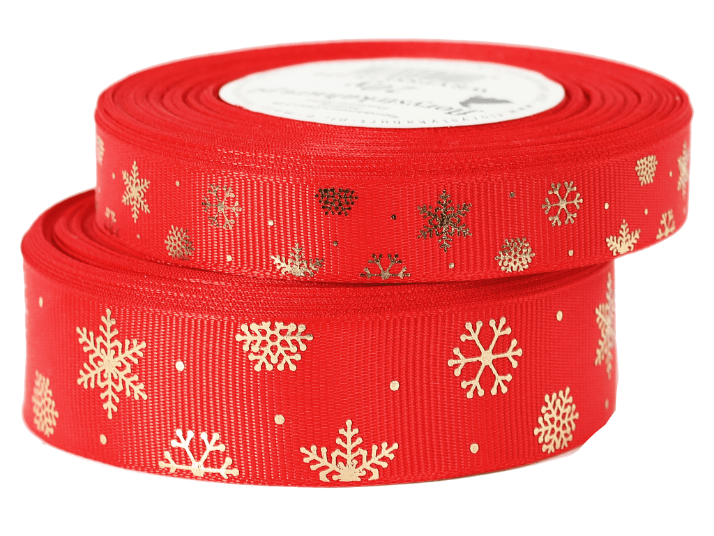 Wstążka rypsowa w śnieżynki, 25mm/18mb, czerwona