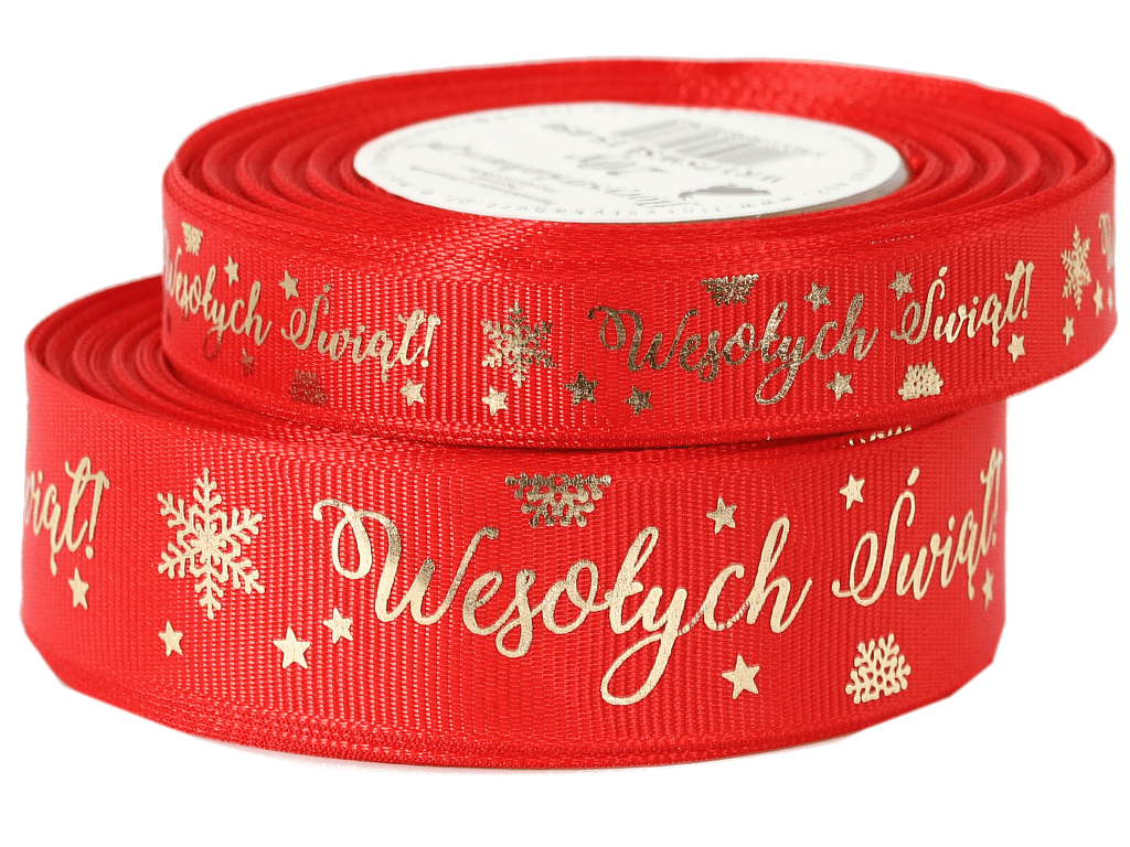 Wstążka rypsowa Wesołych Świąt 25mm/18mb, czerwona