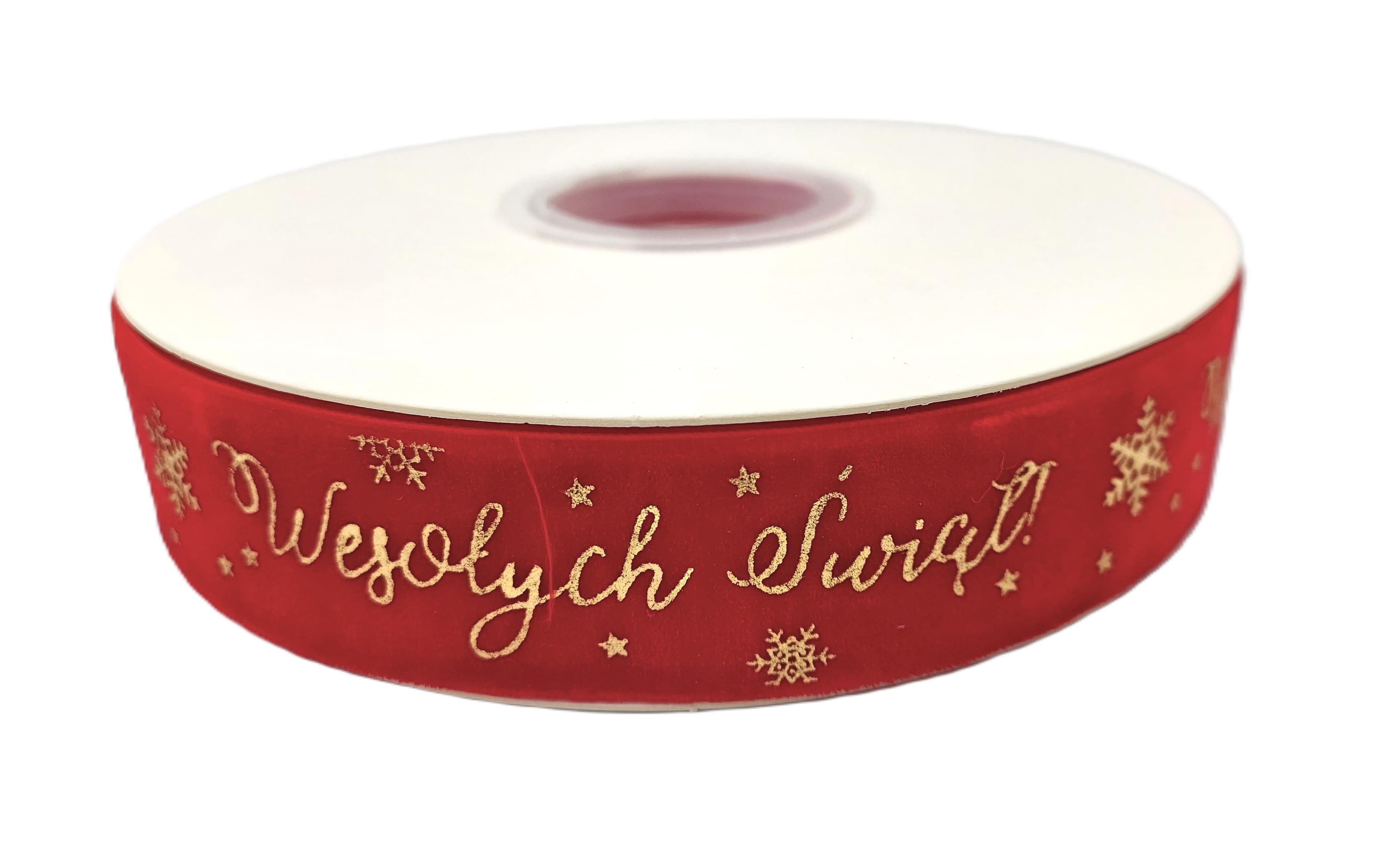 Wstążka velvetowa Wesołych Świąt 25mm/9mb czerwona