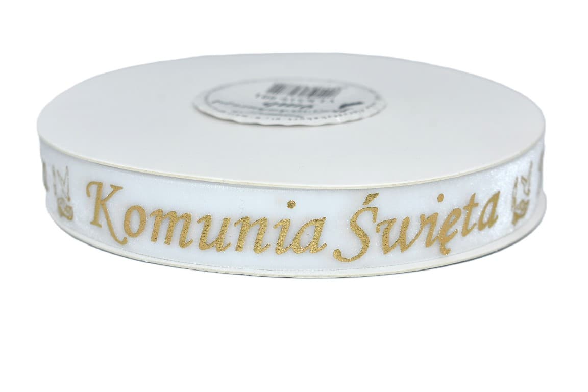 Wstążka velvetowa Komunia Święta, 25mm/9mb, biała