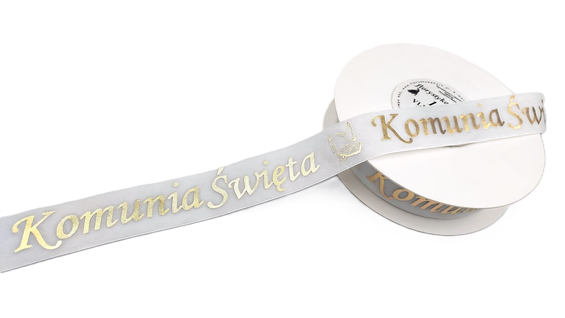 Wstążka velvetowa Komunia Święta, 25mm/9mb, biała