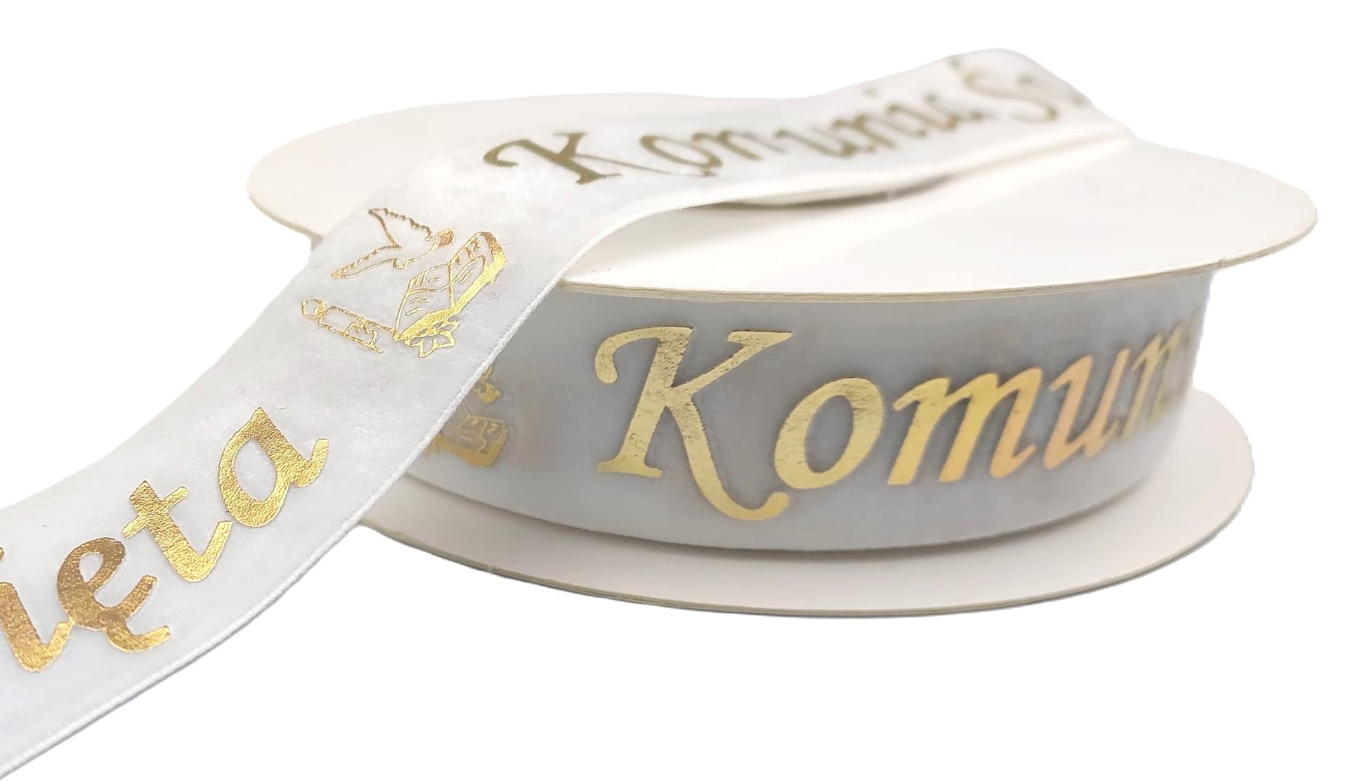 Wstążka velvetowa Komunia Święta, 25mm/9mb, biała
