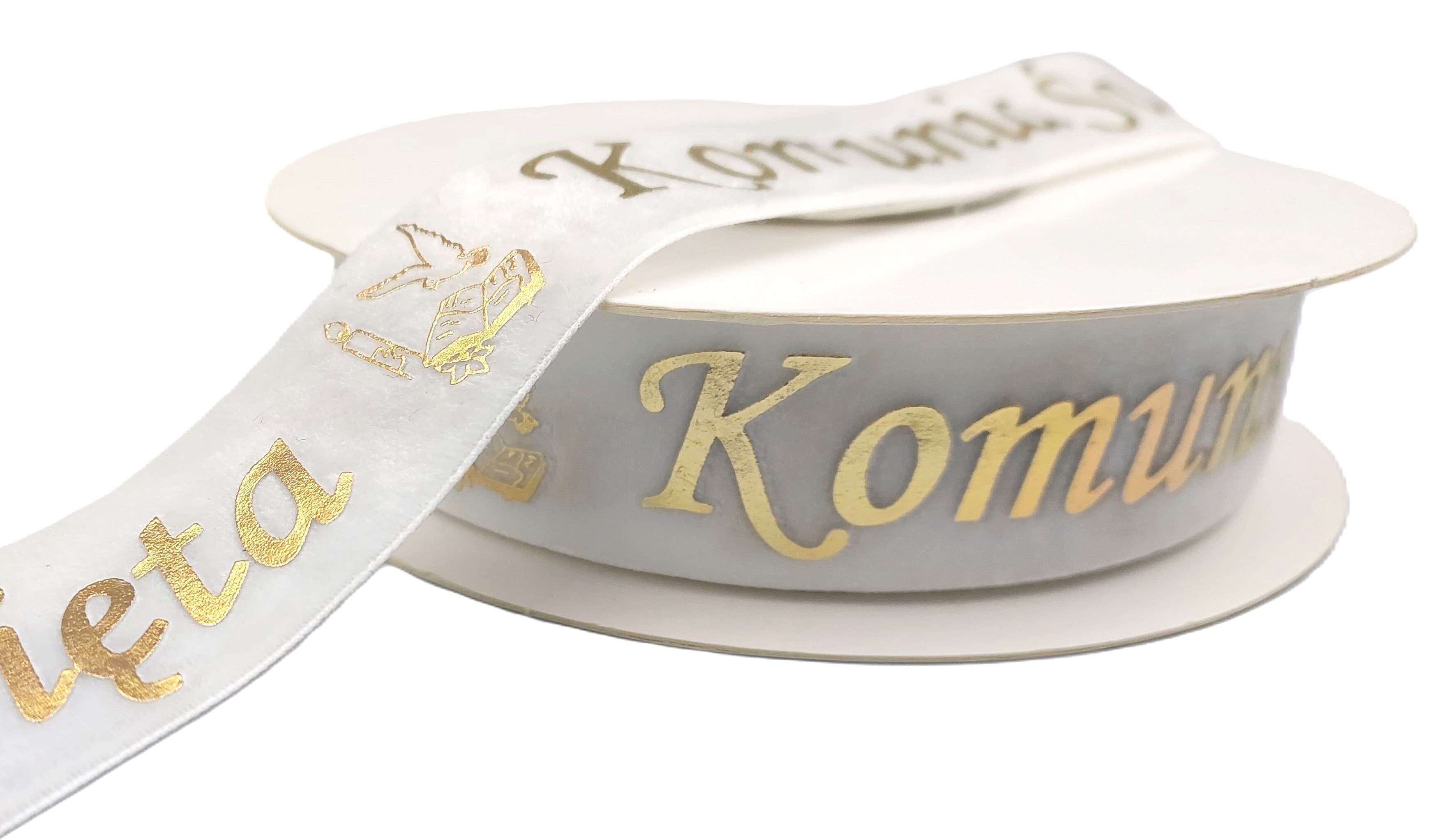 Wstążka velvetowa Komunia Święta, 25mm/9mb, biała