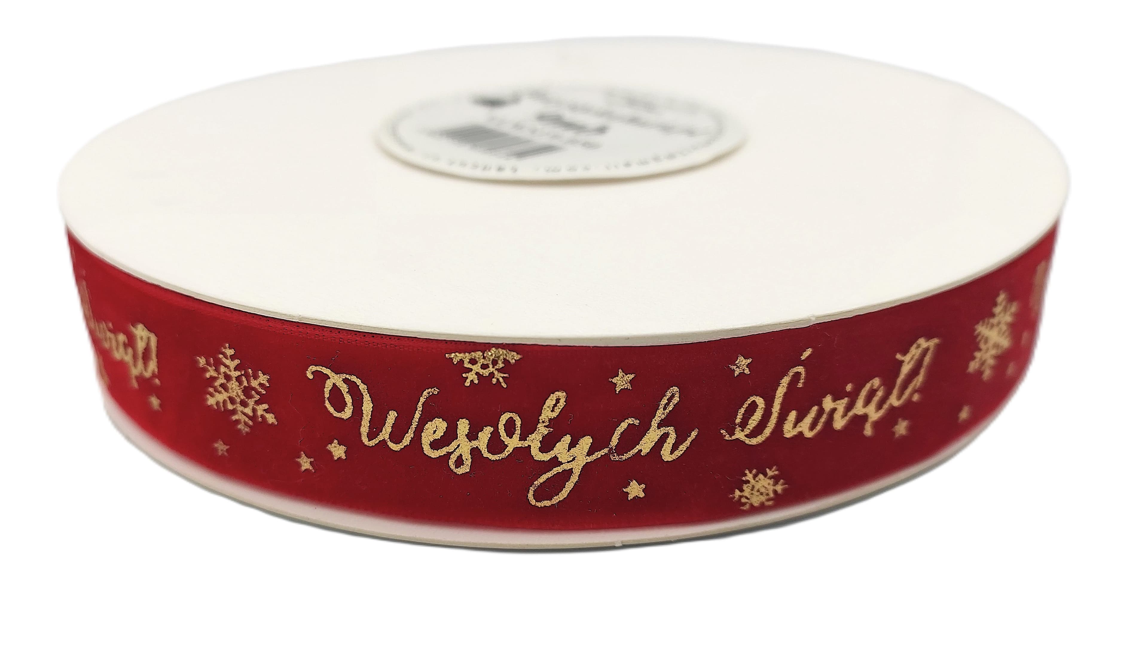 Wstążka velvetowa Wesołych Swiat 19mm/9mb czerwona