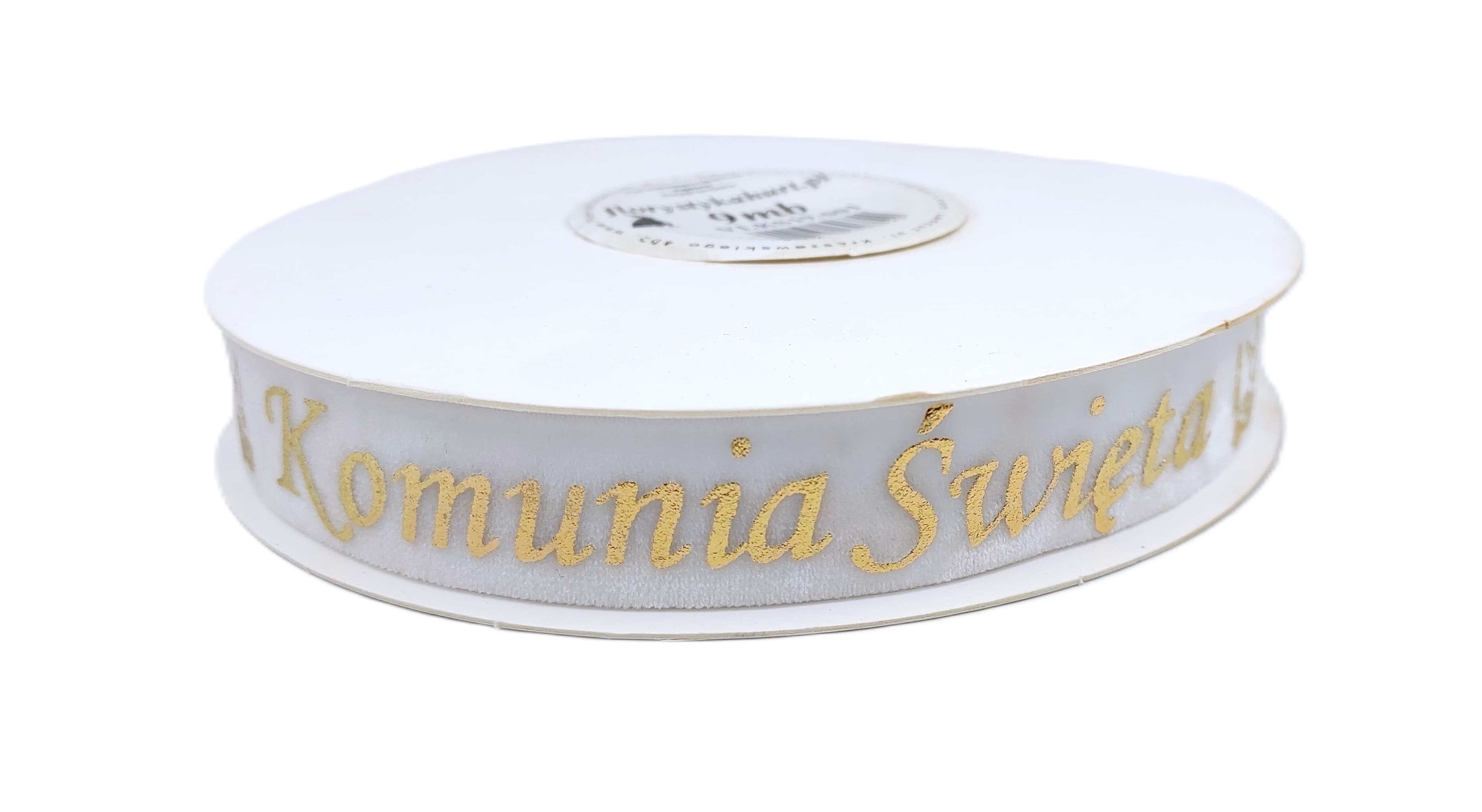 Wstążka velvetowa Komunia Święta, 19mm/9mb, biała