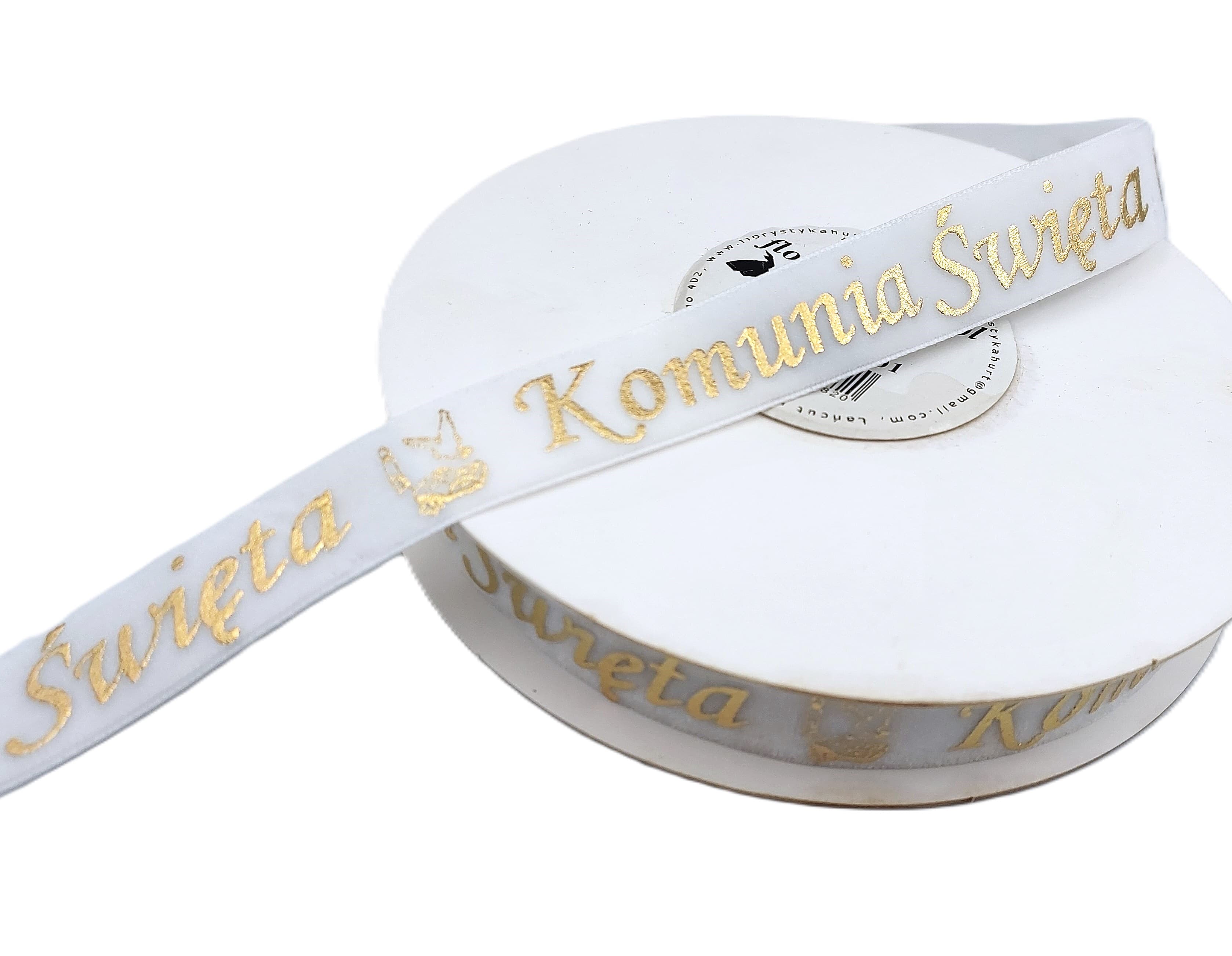 Wstążka velvetowa Komunia Święta, 19mm/9mb, biała