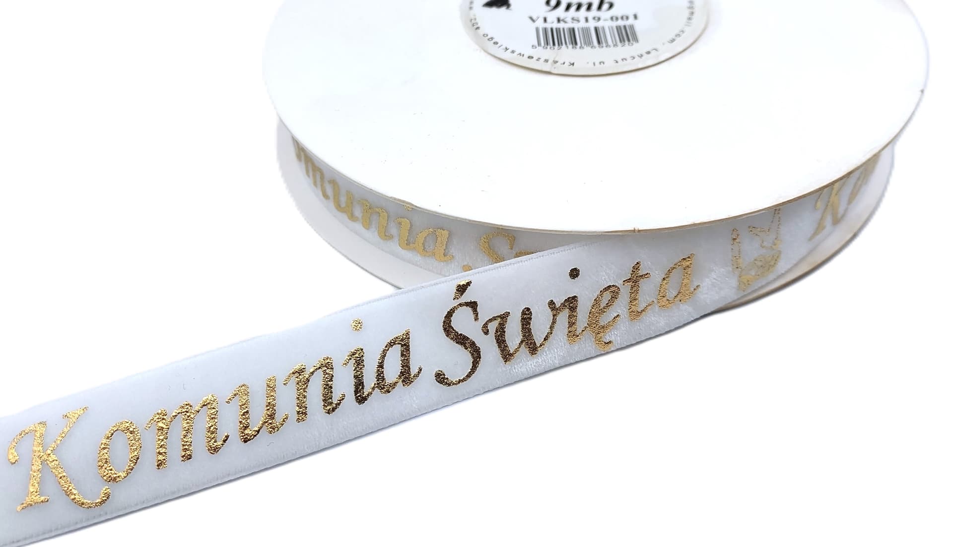 Wstążka velvetowa Komunia Święta, 19mm/9mb, biała