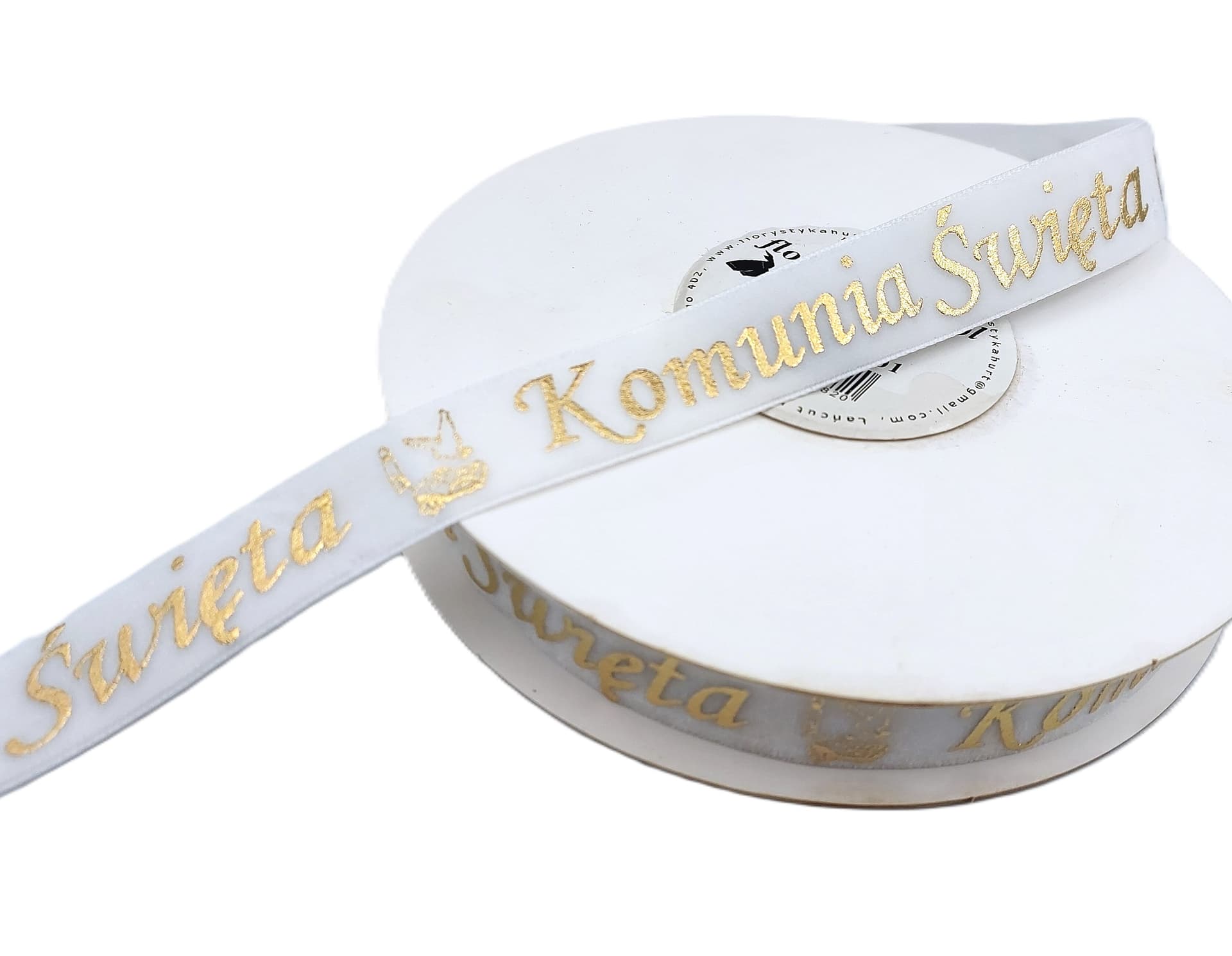 Wstążka velvetowa Komunia Święta, 19mm/9mb, biała