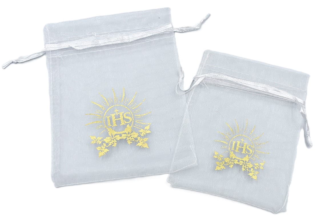 Woreczki z organzy IHS, 12x15cm/12szt, białe/złoto