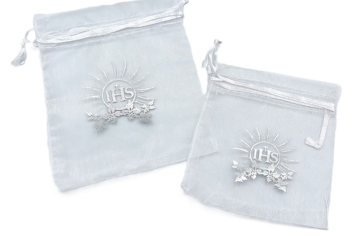 Woreczki z organzy IHS, 12x15cm/12szt białe/srebro