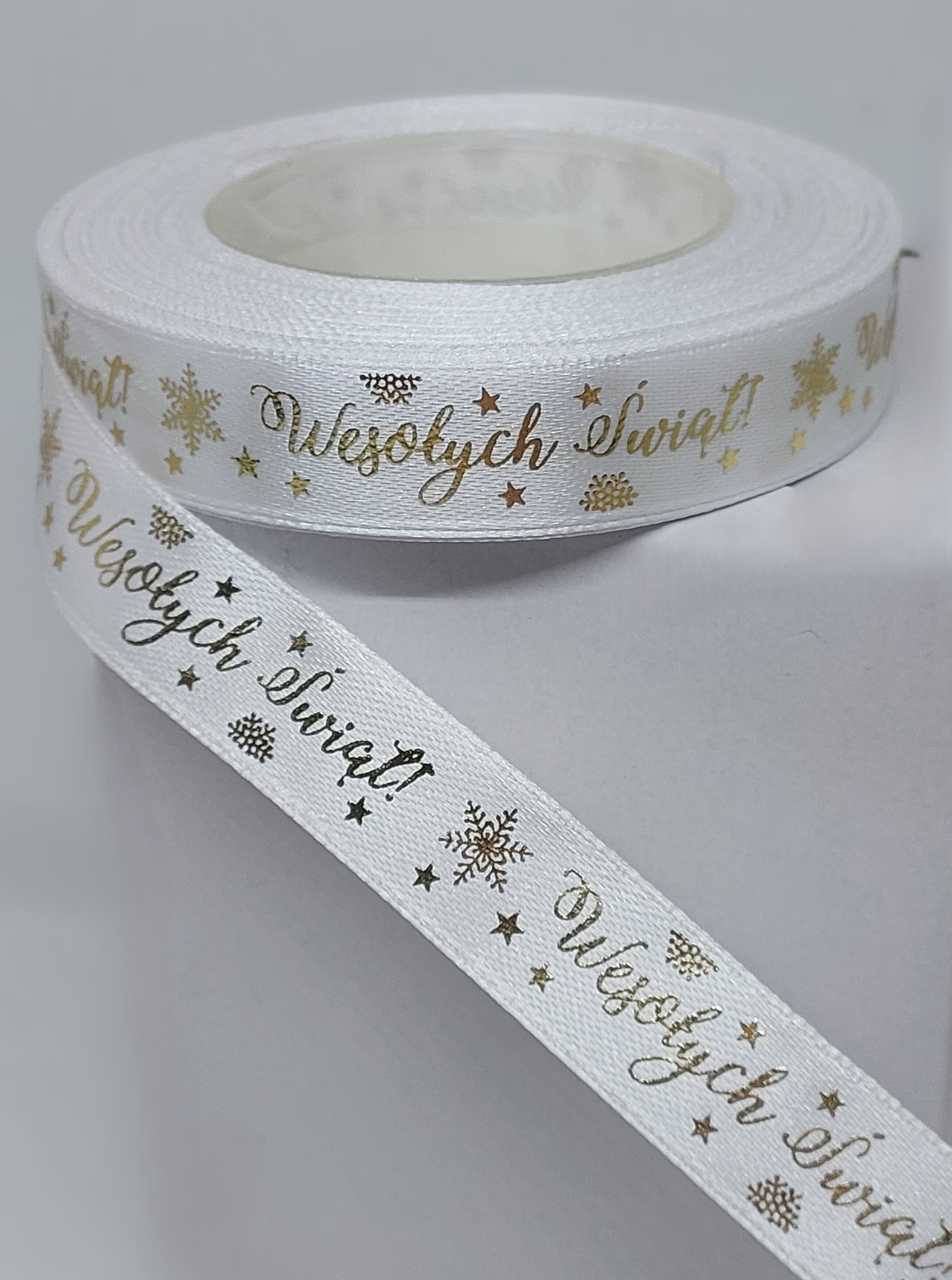 Wstążka metal Wes. Świąt, 15mm/18mb biała/złoto