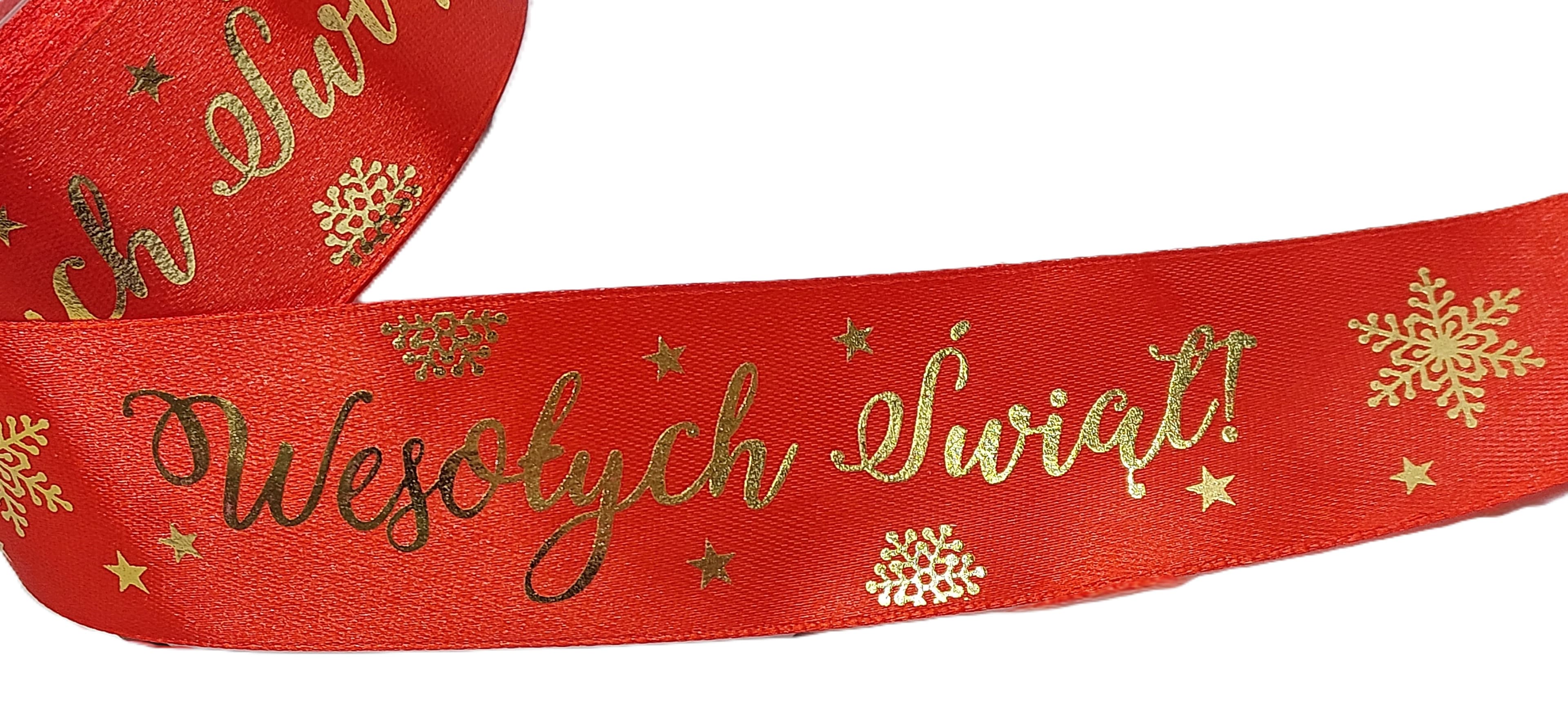 Wstążka metal Wes. Świąt, 38mm/18mb czerwona/złoto