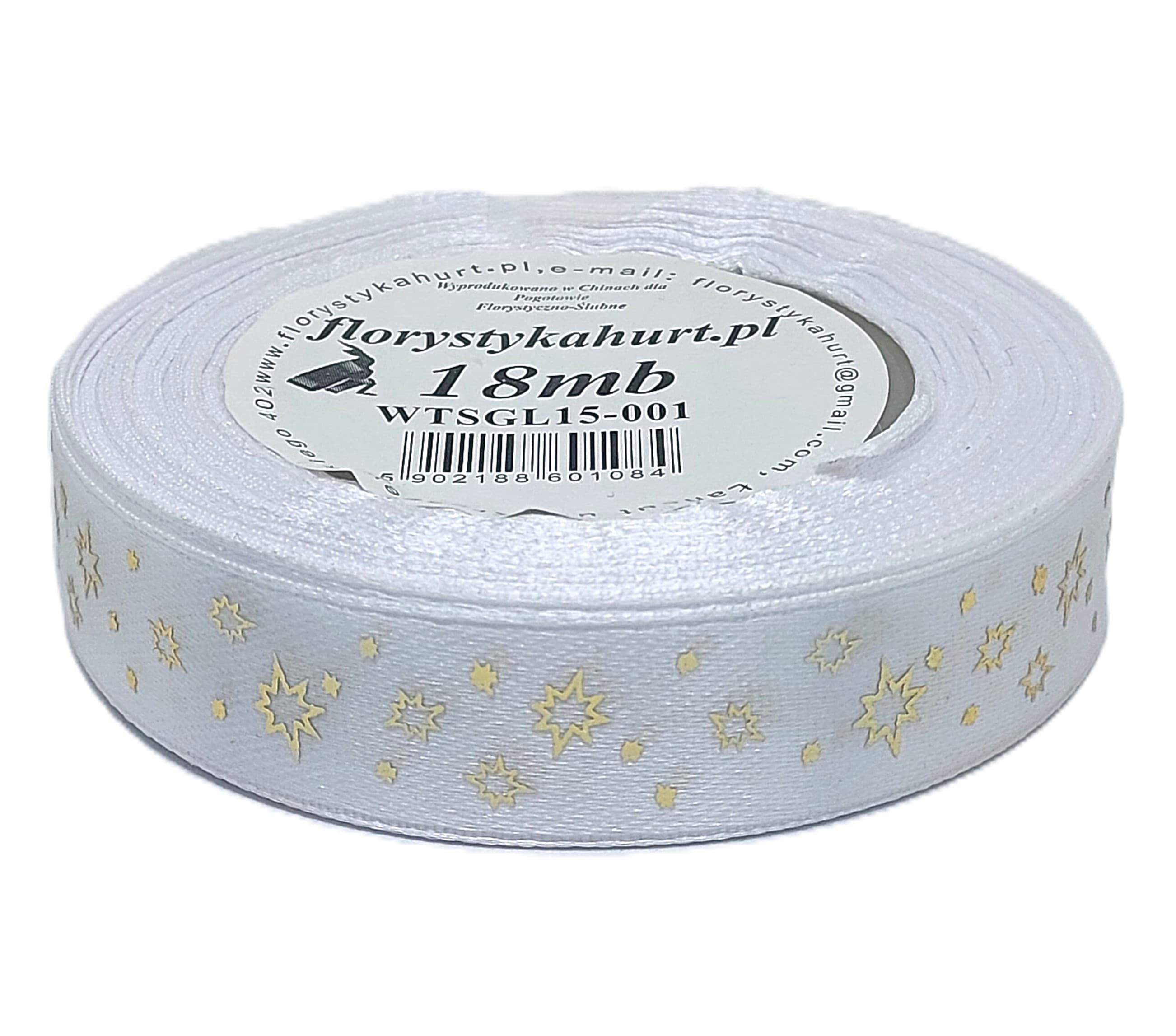 Wstążka metal GWIAZDKI, 15mm/18mb, biała/złoto