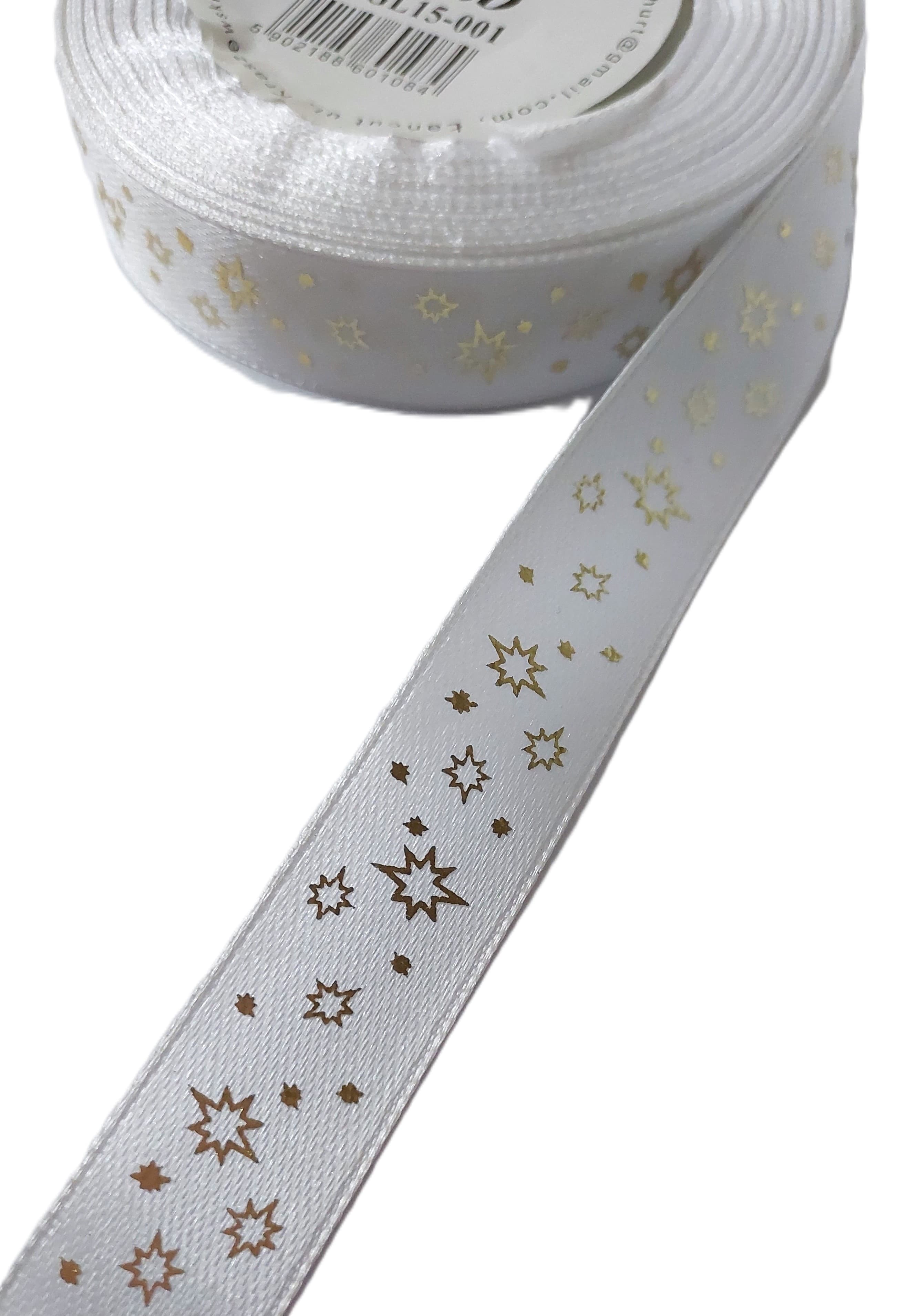 Wstążka metal GWIAZDKI, 15mm/18mb, biała/złoto