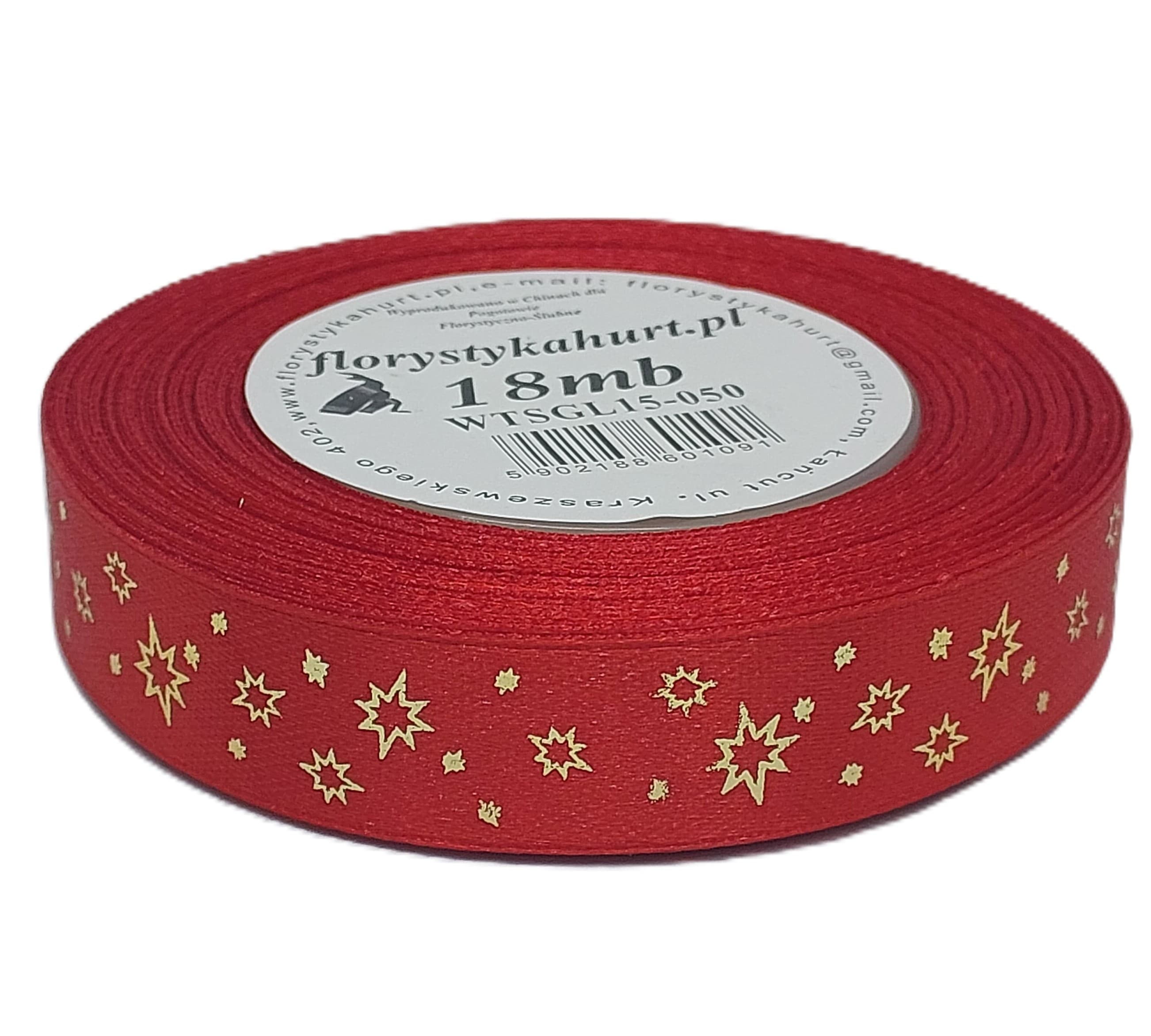 Wstążka metal GWIAZDKI, 15mm/18mb, czerwona/złoto