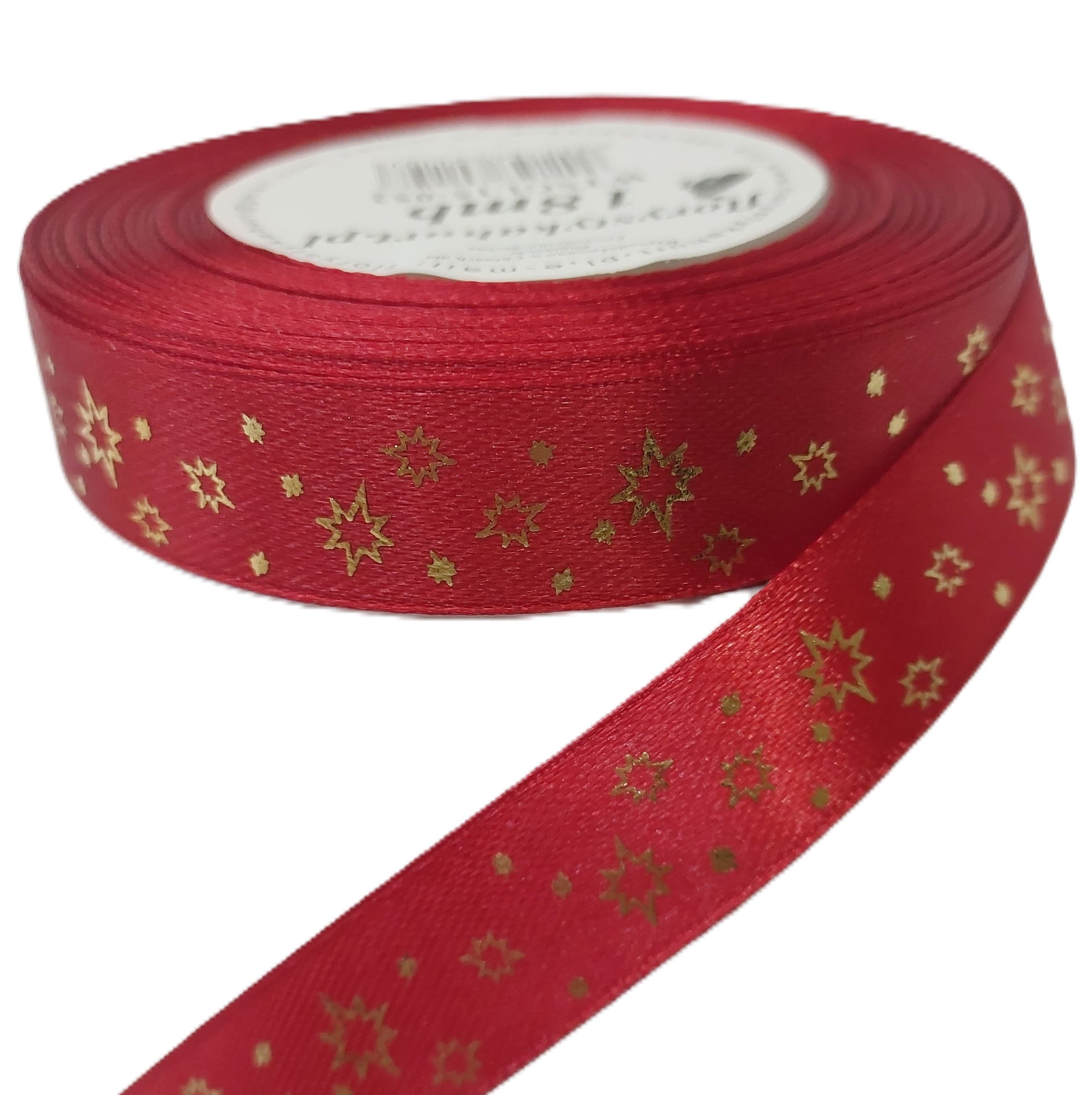 Wstążka metal GWIAZDKI, 15mm/18mb, c.czerwon/złoto