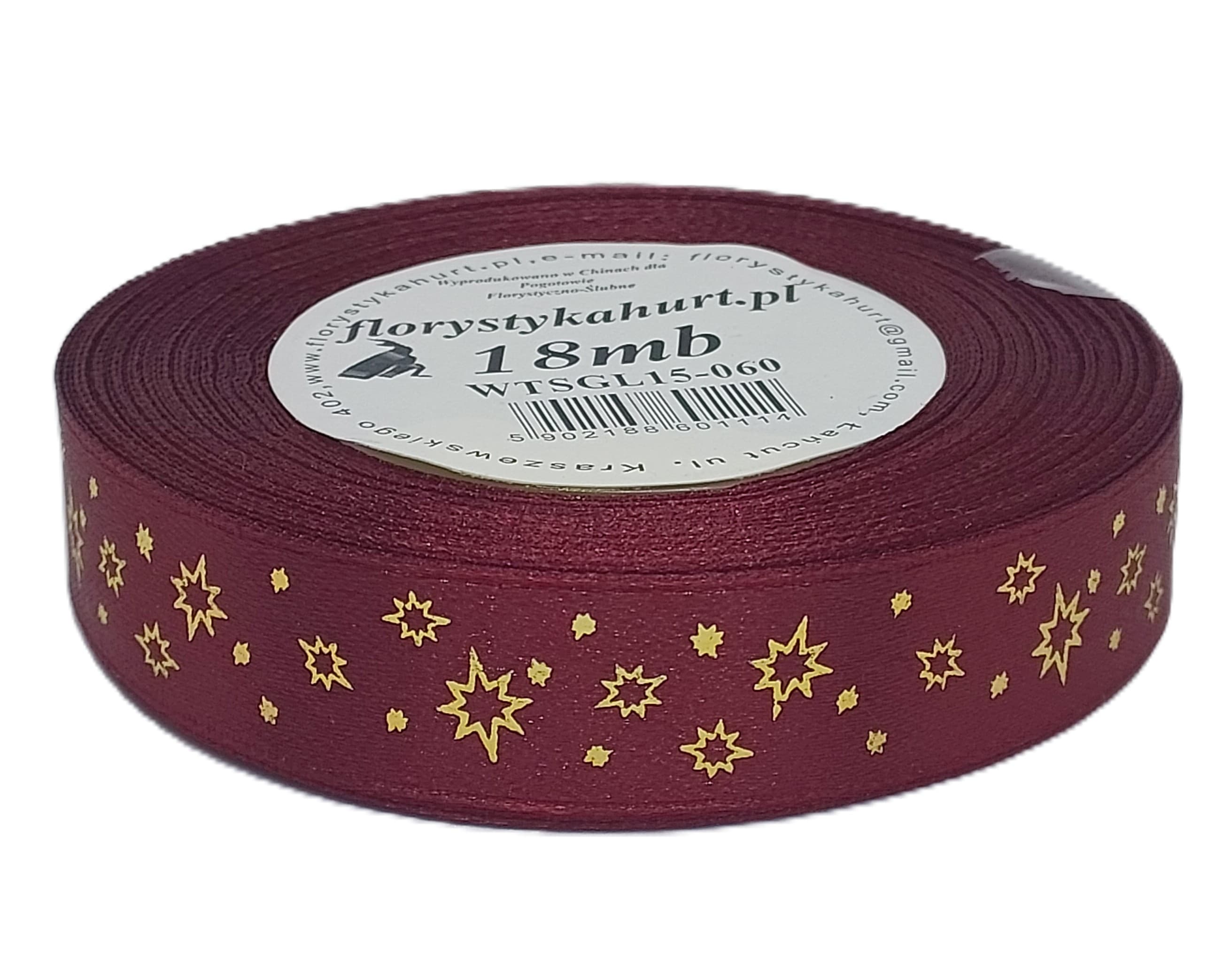 Wstążka metal GWIAZDKI, 15mm/18mb, bordo/złoto
