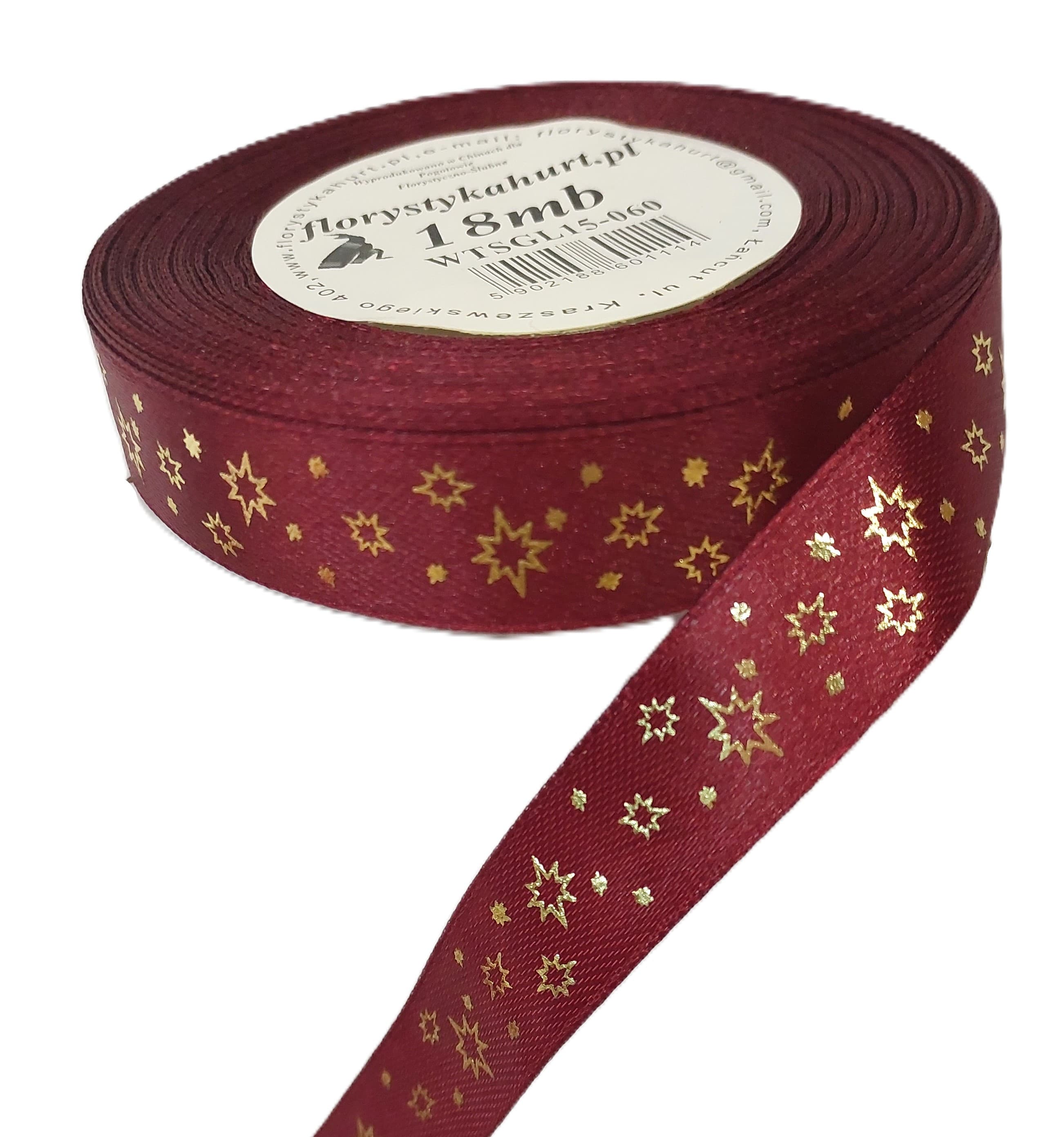 Wstążka metal GWIAZDKI, 15mm/18mb, bordo/złoto