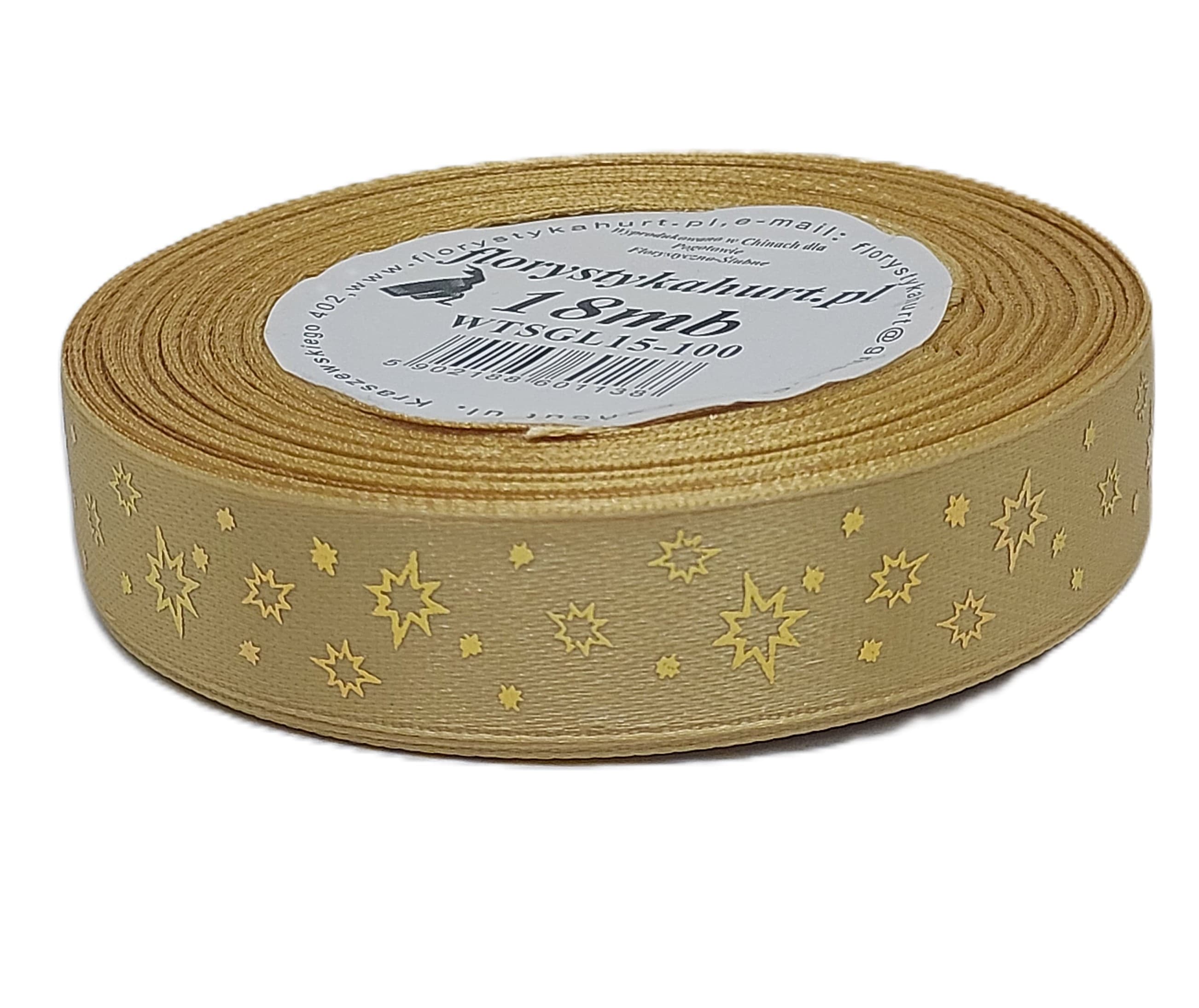 Wstążka metal GWIAZDKI, 15mm/18mb, złoto/złoto