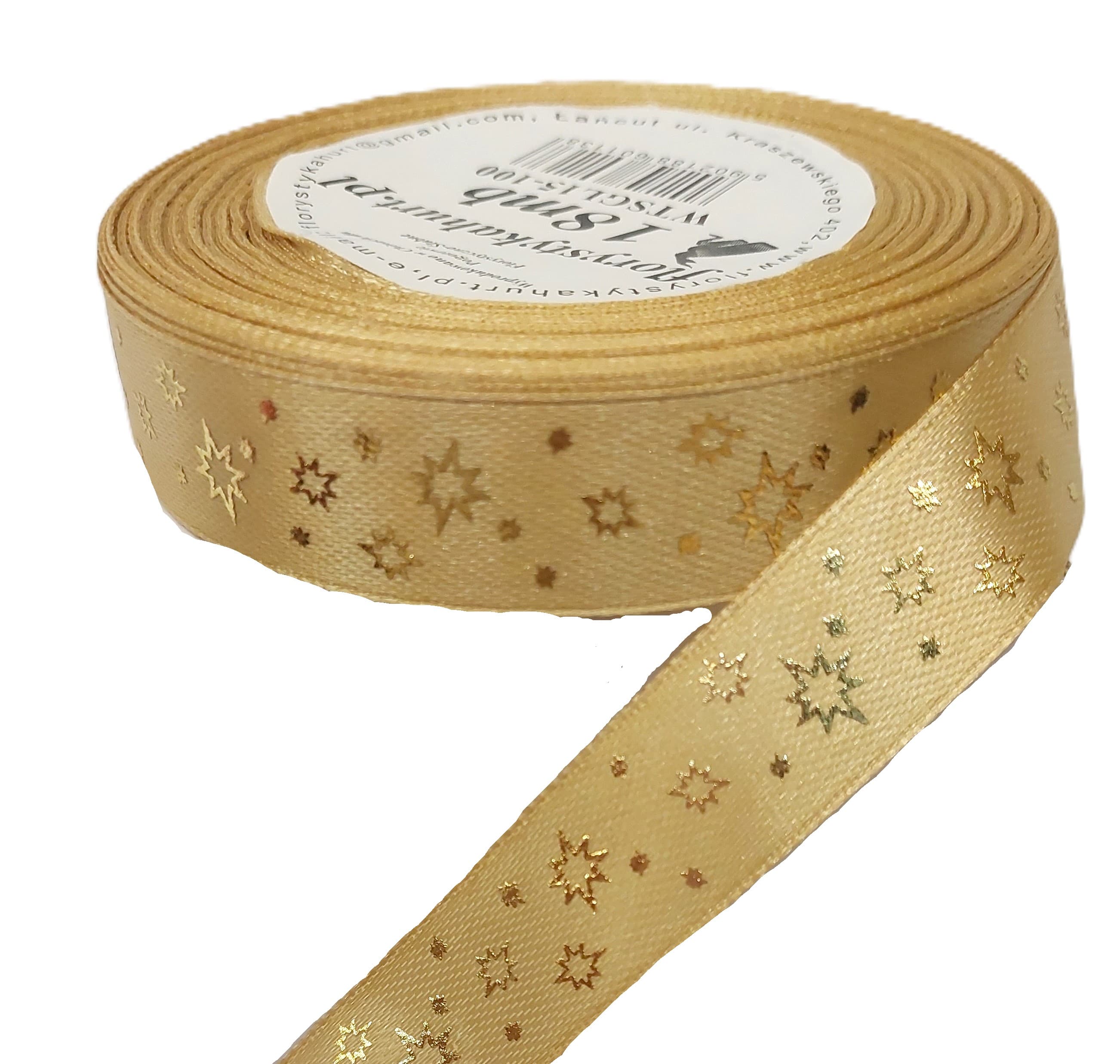 Wstążka metal GWIAZDKI, 15mm/18mb, złoto/złoto