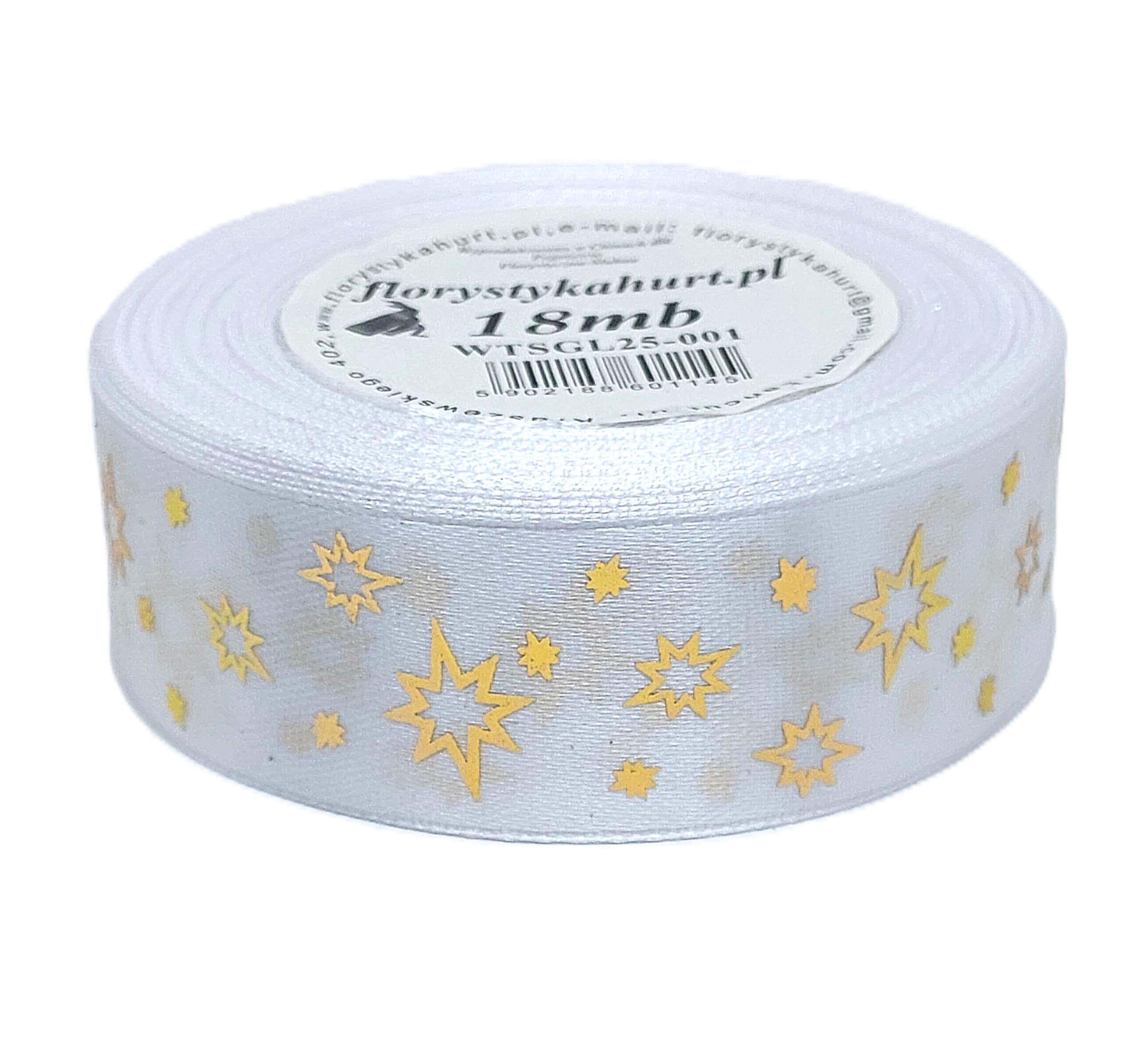 Wstążka metal GWIAZDKI, 25mm/18mb, biała/złoto